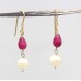 Dangle Drop Earrings Real 14K (585) Yellow Gold Natural Ruby Briolette & Freshwater Pearl Gem Stone Handmade Gift Women E336